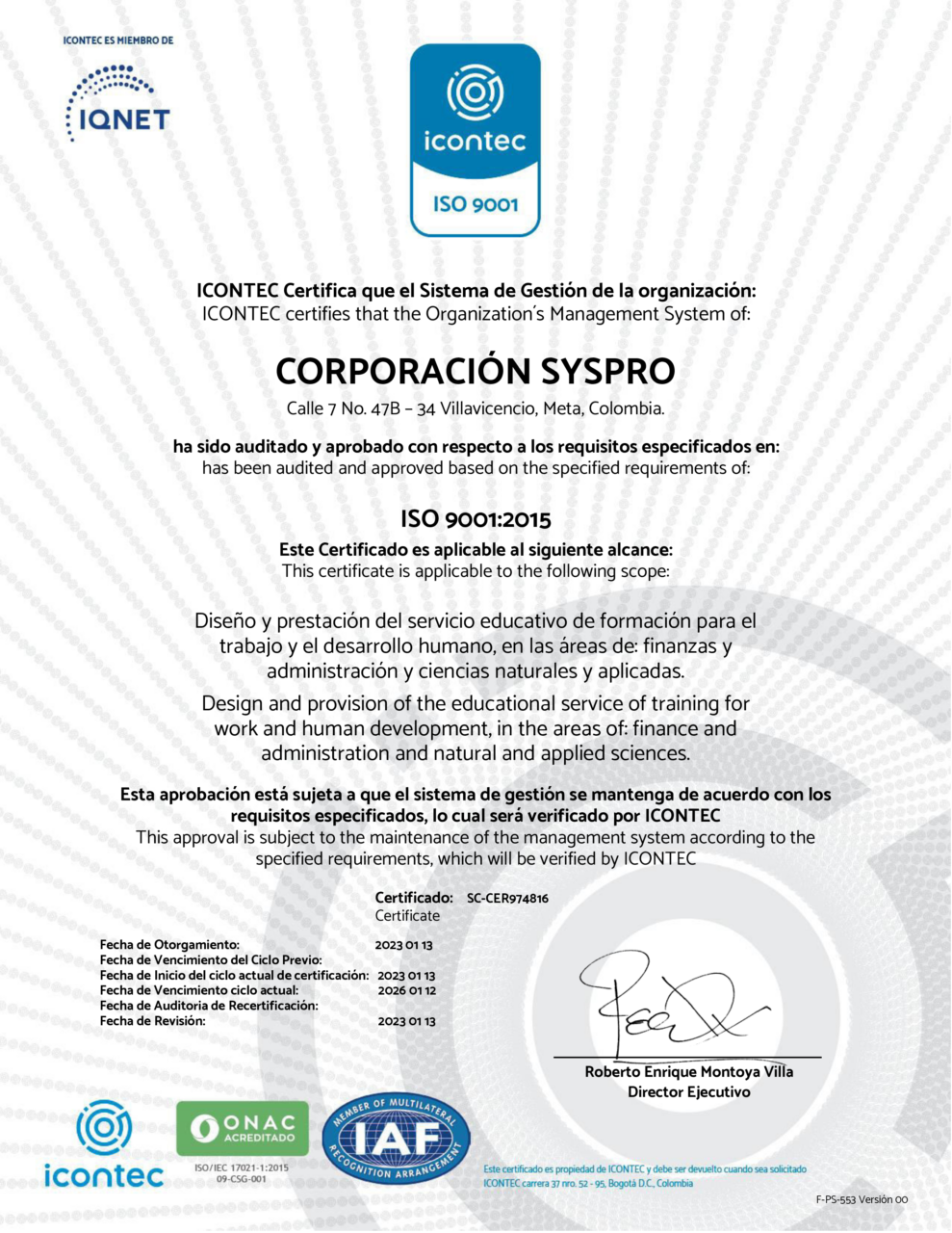 CORPORACION SYSPRO ISO 9001