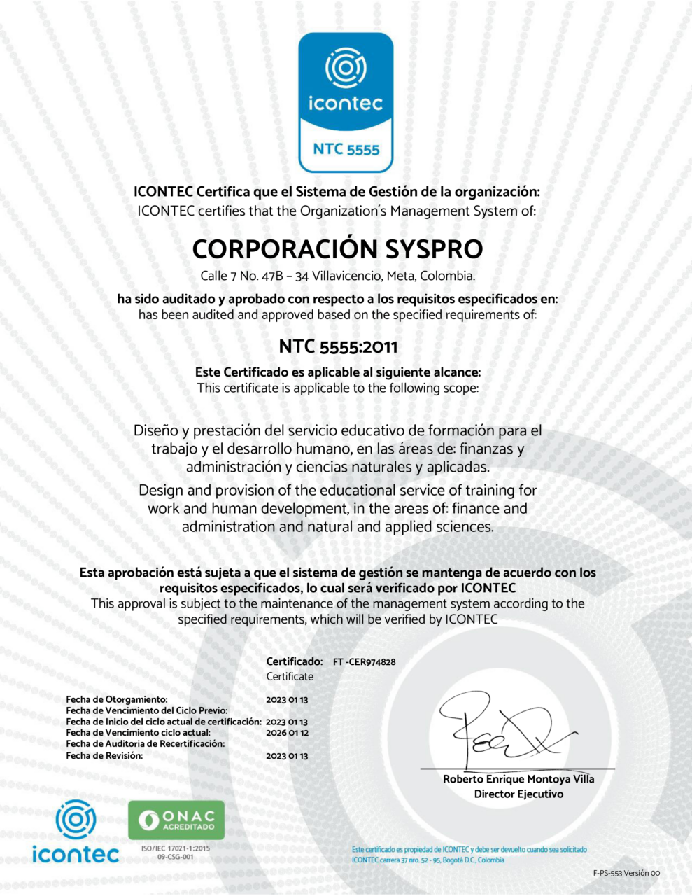 certificacion de calidad CORPORACIÓN SYSPRO NTC 5555