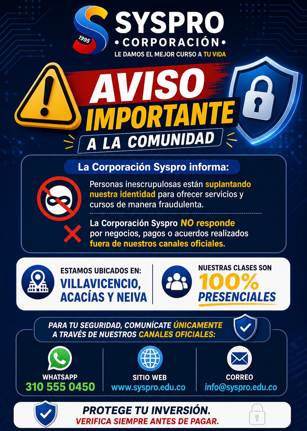 Aviso oficial Syspro prevención de fraudes